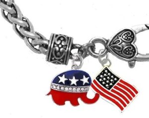 Republican Elephant, Set With Genuine Austrian Crystal, An American Flag On A Adjustable Antique Wheat Chain Bracelet, What A Wonderful Gift For Yourself, Or A Friend, Or A Family Member, Or As A Donor Gift. Hypoallergenic
