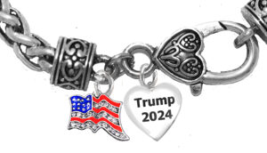 Beautiful American Fag With Genuine Austrian Crystal, Trump2024 Heart On A Antique Wheat Chain Bracelet, What A Wonderful Gift For Yourself, Or A Friend, Or A Family Member, Or As A Donor Gift. Hypoallergenic-Safe, No Nickel. Lead, Or Cadmium In The Metal.©2022