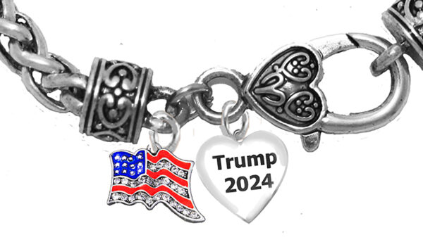 Beautiful American Fag With Genuine Austrian Crystal, Trump2024 Heart On A Antique Wheat Chain Bracelet, What A Wonderful Gift For Yourself, Or A Friend, Or A Family Member, Or As A Donor Gift. Hypoallergenic-Safe, No Nickel. Lead, Or Cadmium In The Metal.©2022