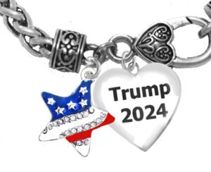 Beautiful Hand Painted Star, Blue, White Red, With Genuine Austrian Cut Crystal, Trump 2024, Charms On A Antique Wheat Chain Bracelet.  What A Wonderful Gift For Yourself, Or A Friend, Or A Family Member, Or As A Donor Gift. Hypoallergenic-Safe, No Nickel, Lead, Or Cadmium In The Metal.©2022