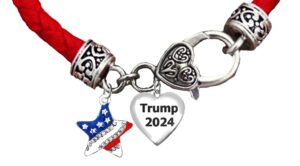 Beautiful Star With Flag Colors And Genuine Austrian Cut Crystal, Trump 2024, On A Adjustable Red Leather Bracelet.  What A Wonderful Gift For Yourself, Or A Friend, Or A Family Member, Or As A Donor Gift. Hypoallergenic-Safe .Nickel,Lead, Poisonous Cadmium Free.©2022