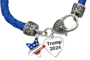 Beautiful Star With Flag Colors And Genuine Austrian Cut Crystal, Trump 2024, On A Adjustable Blue Leather Bracelet. What A Wonderful Gift For Yourself, Or A Friend, Or A Family Member, Or As A Donor Gift. Hypoallergenic-Safe .Nickel,Lead, Poisonous Cadmium ©2022