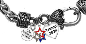 The Best Is Yet To Come, 3 Beautiful Open Stars, Blue, Red, One With Austrian Cut Crystal, Trump 2024, Charms On A Antique Wheat Chain Bracelet. What A Wonderful Gift For Yourself, Or A Friend, Or A Family Member, Or As A Donor Gift.Hypoallergenic-Safe, No Nickel, Lead, Or Cadmium In The Metal.©2022