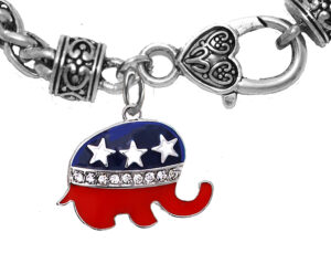 Republican Elephant, Set With Genuine Austrian Crystal, On A Adjustable Antique Wheat Chain Bracelet,  What A Wonderful Gift For Yourself, Or A Friend, Or A Family Member, Or As A Donor Gift. Hypoallergenic-Safe. Nickel, Lead, Poisonous Cadmium Free.©2022