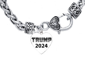 Antique Wheat Chain Bracelet, 7 1/2 Inches, With Heart Charm “Trump 2024”  What A Wonderful Gift For Yourself, Or A Friend, Or A Family Member, Or As A Donor Gift. Hypoallergenic-Safe, No Nickel, Lead, Or Cadmium In The Metal ©2023