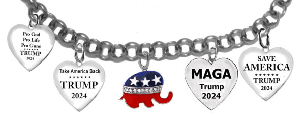 A Beautiful Multi Charmed Trump 2024 Adjustable Bracelet That Will Fit Everyone.  What A Wonderful Gift For Yourself, Or A Friend, Or A Family Member, Or As A Donor Gift. Hypoallergenic-Safe, No Nickel, Lead, Or Cadmium In The Metal ©2023