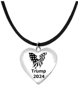 Eagle With American Flag Wings, Trump 2024, Heart On A Adjustable Genuine Black Suede Necklace, Adjustable 18 To 21 Inches. What A Wonderful Gift For Yourself, Or A Friend, Or A Family Member, Or As A Donor Gift. Hypoallergenic-Safe, No Nickel, Lead, Or Cadmium In The Metal. ©2023