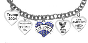 A Beautiful Multi Charmed Genuine Austrian Crystal Air Force Heart, ” For Trump 2024″ , For Air Force Wife, Air Force Mom, Air Force Friend, Adjustable Bracelet That Will Fit Everyone. What A Wonderful Gift For Yourself, Or A Friend, Or A Family Member, Or As A Donor Gift. Hypoallergenic-Safe, No Nickel, Lead, Or Cadmium In The Metal ©2023