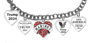 A Beautiful Multi Charmed Genuine Austrian Crystal Marine Heart, ” For Trump 2024″ , For Marine Wife, Marine Mom, Marine Friend, Adjustable Bracelet That Will Fit Everyone. What A Wonderful Gift For Yourself, Or A Friend, Or A Family Member, Or As A Donor Gift. Hypoallergenic-Safe, No Nickel, Lead, Or Cadmium In The Metal ©2023