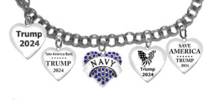 A Beautiful Multi Charmed Genuine Austrian Crystal Navy Heart, ” For Trump 2024″, For Navy Wife, Navy Mom, Navy Friend, Adjustable Bracelet That Will Fit Everyone. What A Wonderful Gift For Yourself, Or A Friend, Or A Family Member, Or As A Donor Gift. Hypoallergenic-Safe, No Nickel, Lead, Or Cadmium In The Metal ©2023