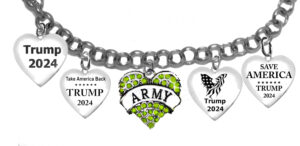 A Beautiful Multi Charmed Genuine Austrian Crystal Army Heart, ” For Trump 2024″, For Army Wife, Army Mom, Army Friend, Adjustable Bracelet That Will Fit Everyone. What A Wonderful Gift For Yourself, Or A Friend, Or A Family Member, Or As A Donor Gift. Hypoallergenic-Safe, No Nickel, Lead, Or Cadmium In The Metal ©2023