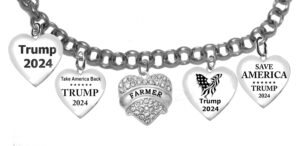A Beautiful Multi Charmed Genuine Austrian Crystal “Farmers For Trump 2024” Adjustable Bracelet That Will Fit Everyone. What A Wonderful Gift For Yourself, Or A Friend, Or A Family Member, Or As A Donor Gift. Hypoallergenic-Safe, No Nickel, Lead, Or Cadmium In The Metal ©2023
