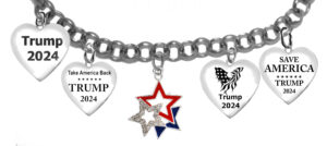 A Beautiful Multi Charmed Trump 2024 Adjustable Bracelet, Genuine Austrian Cut Crystal,  With 3 Open Stars That Will Fit Everyone.  What A Wonderful Gift For Yourself, Or A Friend, Or A Family Member, Or As A Donor Gift. Hypoallergenic-Safe, No Nickel, Lead, Or Cadmium In The Metal ©2022