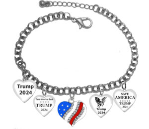 Eagle With American Flag Wings, Save America, Take America Back, TRUMP 2024,Genuine Austrian Crystal Flag Heart, Adjustable Rollo Chain Bracelet, Will Fit Everyone.  What A Wonderful Gift For Yourself, Or A Friend, Or A Family Member, Or As A Donor Gift. Hypoallergenic-Safe, No Nickel, Lead, Or Cadmium In The Metal. ©2022