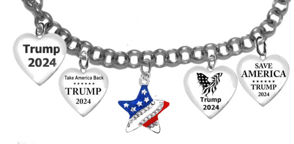 A Beautiful Multi Charmed Trump 2024 Adjustable Bracelet, Two Rows Of Genuine Austrian Cut Crystal On The Star That Will Fit Everyone. Hypoallergenic-Safe, No Nickel, Lead, Or Cadmium In The Metal ©2022