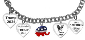 A Beautiful Multi Charmed Trump 2024 Adjustable Bracelet That Will Fit Everyone.  What A Wonderful Gift For Yourself, Or A Friend, Or A Family Member, Or As A Donor Gift. Hypoallergenic-Safe, No Nickel, Lead, Or Cadmium In The Metal ©2022