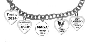 A Very Beautiful Multi Charmed MAGA Trump 2024 Adjustable Bracelet That Will Fit Everyone. What A Wonderful Gift For Yourself, Or A Friend, Or A Family Member, Or As A Donor Gift. Hypoallergenic-Safe, No Nickel, Lead, Or Cadmium In The Metal©2023