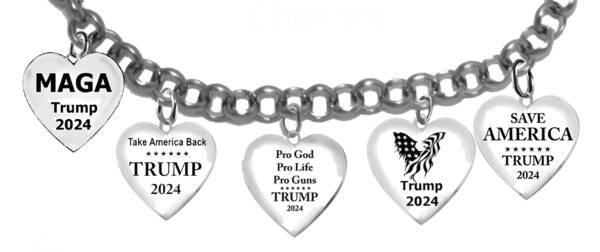A Beautiful Multi Charmed Trump 2024 Adjustable Bracelet That Will Fit Everyone.  What A Wonderful Gift For Yourself, Or A Friend, Or A Family Member, Or As A Donor Gift. Hypoallergenic-Safe, No Nickel, Lead, Or Cadmium In The Metal©2023