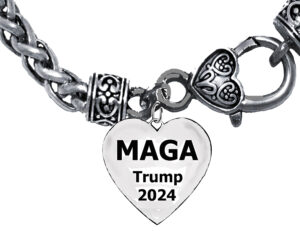 MAGA Trump 2024 Heart , Charm On A Antique Wheat Chain Bracelet.  What A Wonderful Gift For Yourself, Or A Friend, Or A Family Member, Or As A Donor Gift. Hypoallergenic-Safe, No Nickel, Lead, Or Cadmium In The Metal. ©2023