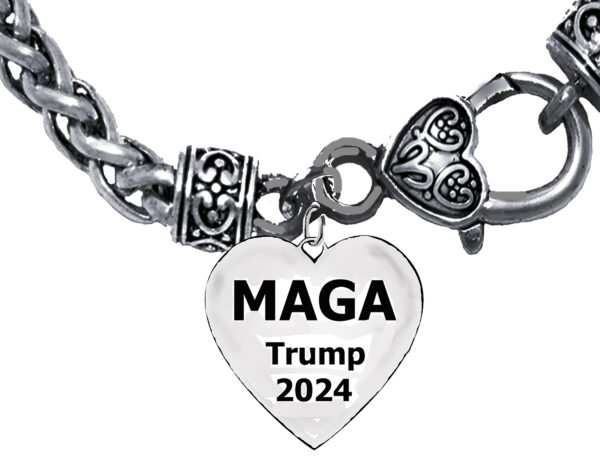 MAGA Trump 2024 Heart , Charm On A Antique Wheat Chain Bracelet.  What A Wonderful Gift For Yourself, Or A Friend, Or A Family Member, Or As A Donor Gift. Hypoallergenic-Safe, No Nickel, Lead, Or Cadmium In The Metal. ©2023