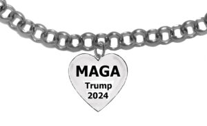 MAGA Trump 2024 Heart Charm On A Adjustable Rollo Chain Bracelet. Will Fit Anyone. What A Wonderful Gift For Yourself, Or A Friend, Or A Family Member, Or As A Donor Gift. Hypoallergenic-Safe, No Nickel, Lead, Or Cadmium In The Metal. ©2023