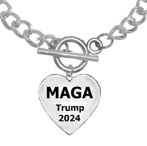 MAGA Trump 2024 Heart , Charm On A Toggle Chain Bracelet.  What A Wonderful Gift For Yourself, Or A Friend, Or A Family Member, Or As A Donor Gift. Hypoallergenic-Safe, No Nickel, Lead, Or Cadmium In The Metal. ©2023