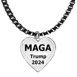 MAGA, Make America Great Again Trump 2024, Heart Charm On A Black Anodized Box Chain Necklace. What A Wonderful Gift For Yourself, Or A Friend, Or A Family Member, Or As A Donor Gift. Hypoallergenic-Safe, No Nickel, Lead, Or Cadmium In The Metal.©2023