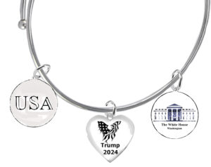 Eagle Flag Trump 2024 Heart, The White House, USA,This Shows Where Donald Trump Is Going In 2024, Charms On A Adjustable Rollo Chain Bracelet. This Bracelet Will Fit Everyone,   What A Wonderful Gift For Yourself, Or A Friend, Or A Family Member, Or As A Donor Gift.Hypoallergenic-Safe, No Nickel, Lead, Or Poisonous Cadmium In The Metal. ©2023.