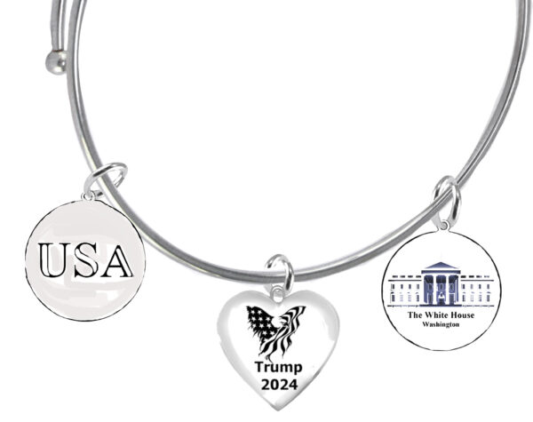 Eagle Flag Trump 2024 Heart, The White House, USA,This Shows Where Donald Trump Is Going In 2024, Charms On A Adjustable Rollo Chain Bracelet. This Bracelet Will Fit Everyone,   What A Wonderful Gift For Yourself, Or A Friend, Or A Family Member, Or As A Donor Gift.Hypoallergenic-Safe, No Nickel, Lead, Or Poisonous Cadmium In The Metal. ©2023.