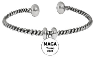 Silvertone Antique Twisted Wire Adjustable Bracelet, MAGA Trump 2024 Charm. What A Wonderful Gift For Yourself, Or A Friend, Or A Family Member, Or As A Donor Gift. Hypoallergenic-Safe, No Nickel, Lead, Or Cadmium In The Metal ©2023