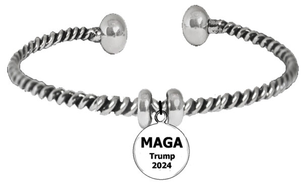 Silvertone Antique Twisted Wire Adjustable Bracelet, MAGA Trump 2024 Charm. What A Wonderful Gift For Yourself, Or A Friend, Or A Family Member, Or As A Donor Gift. Hypoallergenic-Safe, No Nickel, Lead, Or Cadmium In The Metal ©2023