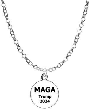 Silvertone Adjustable 18 To 21 Inch Rollo Chain Necklace, MAGA Trump 2024 Charm. What A Wonderful Gift For Yourself, Or A Friend, Or A Family Member, Or As A Donor Gift. Hypoallergenic-Safe, No Nickel, Lead, Or Cadmium In The Metal ©2023