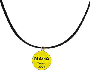 Genuine Black Suede MAGA Trump 2024 Charm Suspended On A 18 To 21 Inch Adjustable Necklace, What A Wonderful Gift For Yourself, Or A Friend, Or A Family Member, Or As A Donor Gift. Hypoallergenic-Safe, No Nickel, Lead, Or Cadmium In The Metal ©2023