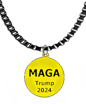 Black Anodized Box Chain MAGA Trump 2024 Charm Suspended On A 18 To 21 Inch Adjustable Necklace, What A Wonderful Gift For Yourself, Or A Friend, Or A Family Member, Or As A Donor Gift.Hypoallergenic-Safe, No Nickel, Lead, Or Cadmium In The Metal ©2023