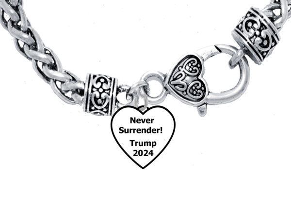 Never Surrender! Heart, Trump 2024  Silvertone Antique Wheat Chain Bracelet, What A Wonderful Gift For yourself, Or A Friend, Or A Family Member, Or A Donor Gift. Hypoallergenic, No Nickel, Lead, Or Cadmium In The Metal. ©2023