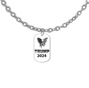 Silvertone Dog Tag On A Adjustable 18 To 21 Inch Cable Chain Necklace, American Flag Eagle And Trump With Stars, What A Wonderful Gift For Yourself, Or A Friend, Or A Family Member, Or As A Donor Gift. Hypoallergenic-Safe, No Nickel, Lead, Or Cadmium In The Metal ©2023