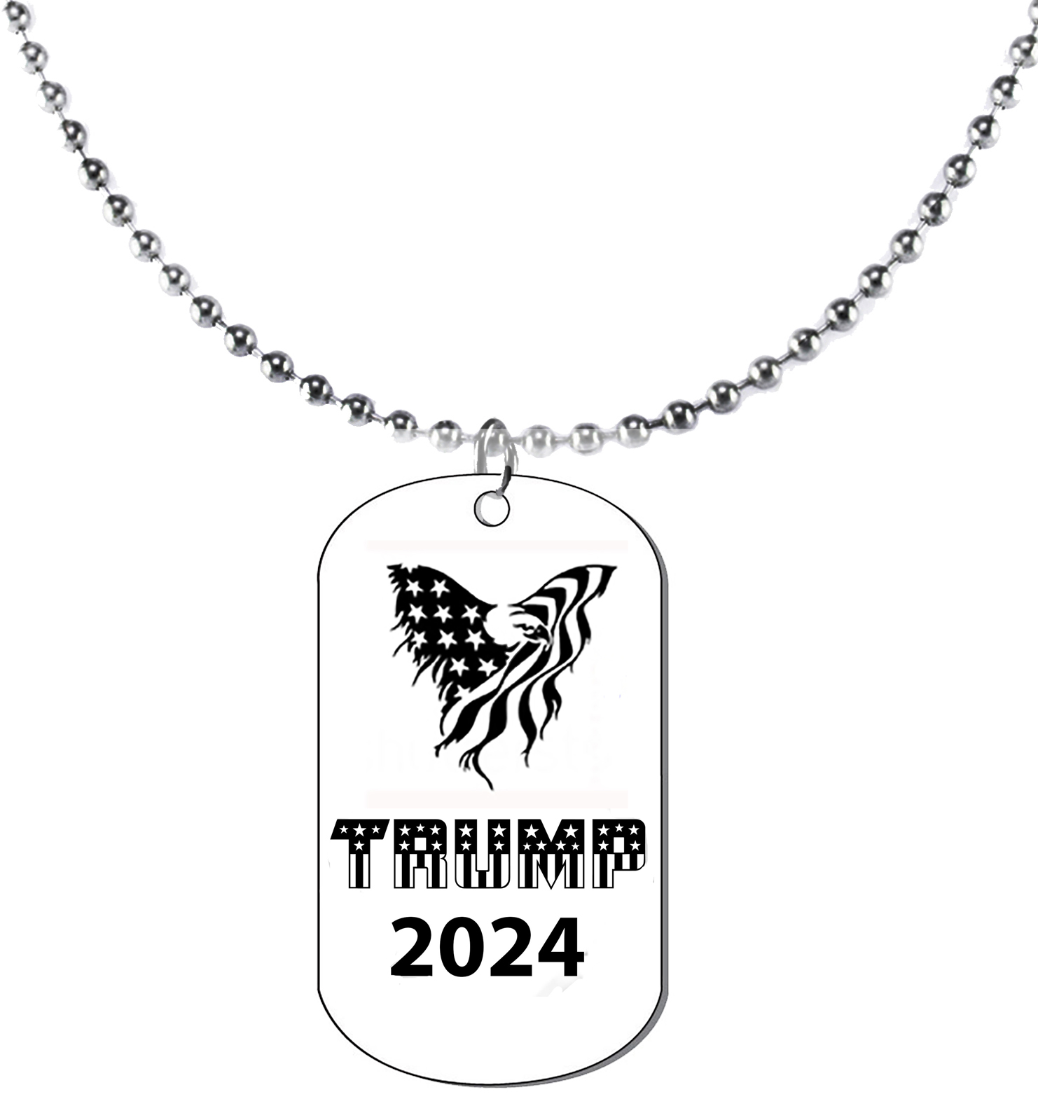 Silvertone 18 Inch Ball Chain Necklace, American Flag Eagle And Trump With Stars, 2024. What A Wonderful Gift For Yourself, Or A Friend, Or A Family Member, Or As A Donor Gift. Hypoallergenic-Safe, No Nickel, Lead, Or Cadmium In The Metal ©2023