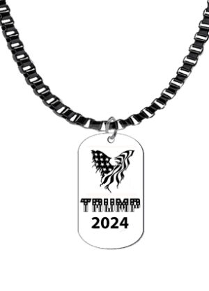 Beautiful Adjustable Black Anodized 18 To 21 Inch Box Chain. American Flag Eagle And Trump With Stars, What A Wonderful Gift For Yourself, Or A Friend, Or A Family Member, Or As A Donor Gift. Hypoallergenic-Safe, No Nickel, Lead, Or Cadmium In The Metal ©2023