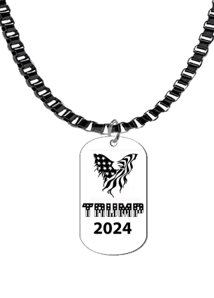 Beautiful Adjustable Black Anodized 18 To 21 Inch Box Chain. American Flag Eagle And Trump With Stars, What A Wonderful Gift For Yourself, Or A Friend, Or A Family Member, Or As A Donor Gift. Hypoallergenic-Safe, No Nickel, Lead, Or Cadmium In The Metal ©2023