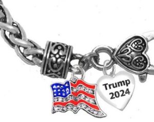 Beautiful American Flag, With Austrian Cut Crystal, Trump 2024, On A Adjustable Antique Wheat Chain Bracelet.  What A Wonderful Gift For Yourself, Or A Friend, Or A Family Member, Or As A Donor Gift.Hypoallergenic-Safe ©2022