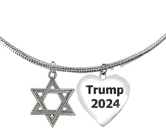 Beautiful Designed Star Of David, Trump 2024 Heart, Adjustable Snake Chain Necklace, What A Wonderful Gift For Yourself, Or A Friend, Or A Family Member, Or As A Donor Gift. Hypoallergenic, Nickel,L ead, Cadmium Free