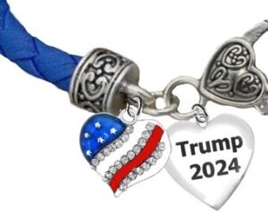 Beautiful Heart With Flag Colors And Austrian Cut Crystal, Trump 2024, Adjustable Blue Leather Bracelet.  What A Wonderful Gift For Yourself, Or A Friend, Or A Family Member, Or As A Donor Gift. Hypoallergenic-Safe, FREE SHIPPING!