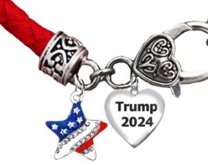 Beautiful Star With Flag Colors, Austrian Crystal, Trump 2024, Adjustable Red Leather Bracelet.  What A Wonderful Gift For Yourself, Or A Friend, Or A Family Member, Or As A Donor Gift. Hypoallergenic-Safe. No Nickel,Lead,Cadmium