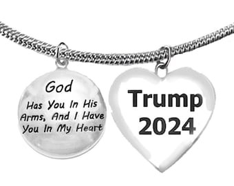 God Has You In His Arms And I Have You In My Heart, Trump 2024 Heart, Adjustable Snake Chain Necklace, What A Wonderful Gift For Yourself, Or A Friend, Or A Family Member, Or As A Donor Gift. Hypoallergenic, No Nickel, No Lead, Or Cadmium In The Metal. ©2022