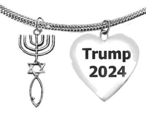 Messianic, Seal Of Jerusalem, Trump 2024 Heart, Adjustable Snake Chain Necklace, Hypoallergenic, Nickel, Lead, And Cadmium Free ©2022