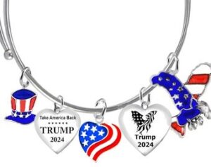 Stars And Stripe Top Hat, Take America Back Heart, American Flag Heart, Eagle With Flag Wings, Stars And Stripe Eagle, Adjustable Bracelet.   What A Wonderful Gift For Yourself, Or A Friend, Or A Family Member, Or As A Donor Gift.  Hypoallergenic. No Nickel, No Lead, Or Cadmium In The Metal. ©2023