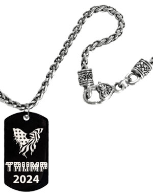 Trump 2024, American Flag Eagle Black Dog Tag On A Antique Wheat Chain Necklace, 18 Inches, What A Wonderful Gift For Yourself, Or A Friend, Or A Family Member, Or As A Donor Gift.Hypoallergenic-Safe, No Nickel, Lead Or Cadmium In The Metal. ©2023 FREE SHIPPING