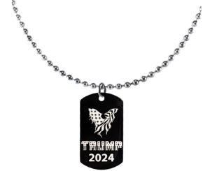 Trump 2024 With Stars,Eagle Flag, Black Dog Tag, On A Ball Chain Necklace, 18 Inches, What A Wonderful Gift For Yourself, Or A Friend, Or A Family Member, Or As A Donor Gift. Hypoallergenic-Safe, No Nickel, Lead Or Cadmium In The Metal. ©2023 FREE SHIPPING