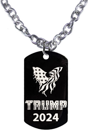 Trump 2024, American Flag Eagle Black Dog Tag On A Large Cable Chain Necklace, 18 Inches, What A Wonderful Gift For Yourself, Or A Friend, Or A Family Member, Or As A Donor Gift. Hypoallergenic-Safe, No Nickel, Lead Or Cadmium In The Metal. ©2023 FREE SHIPPING