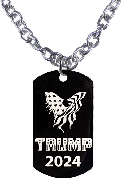 Trump 2024, American Flag Eagle Black Dog Tag On A Large Cable Chain Necklace, 18 Inches, What A Wonderful Gift For Yourself, Or A Friend, Or A Family Member, Or As A Donor Gift. Hypoallergenic-Safe, No Nickel, Lead Or Cadmium In The Metal. ©2023 FREE SHIPPING